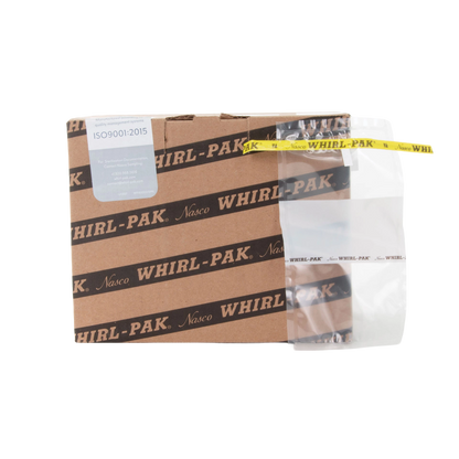 Whirl-Pak Bags,"Clear sample bag with yellow closure strip beside cardboard box"