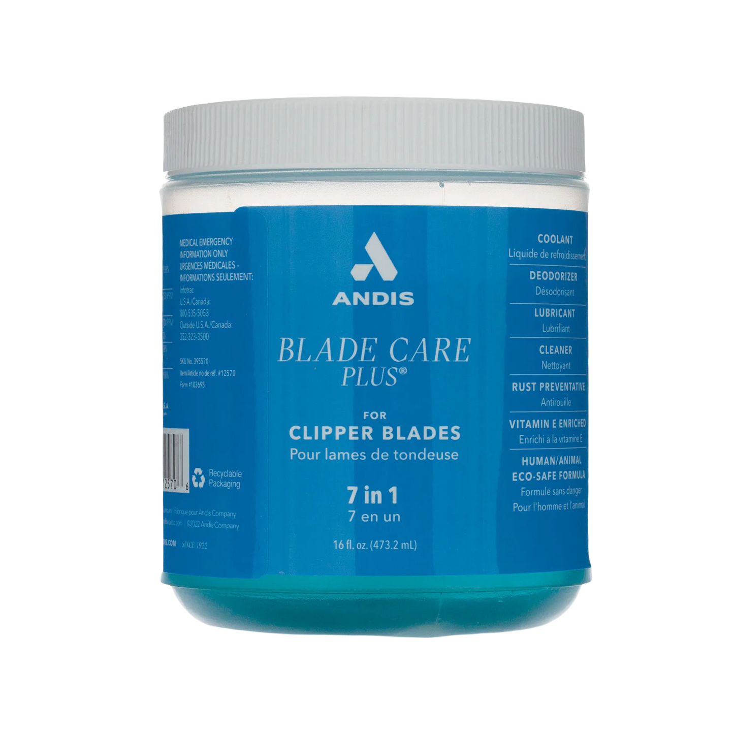 Andis® Blade Care Plus®,"Blue cylindrical jar with white screw-top lid"