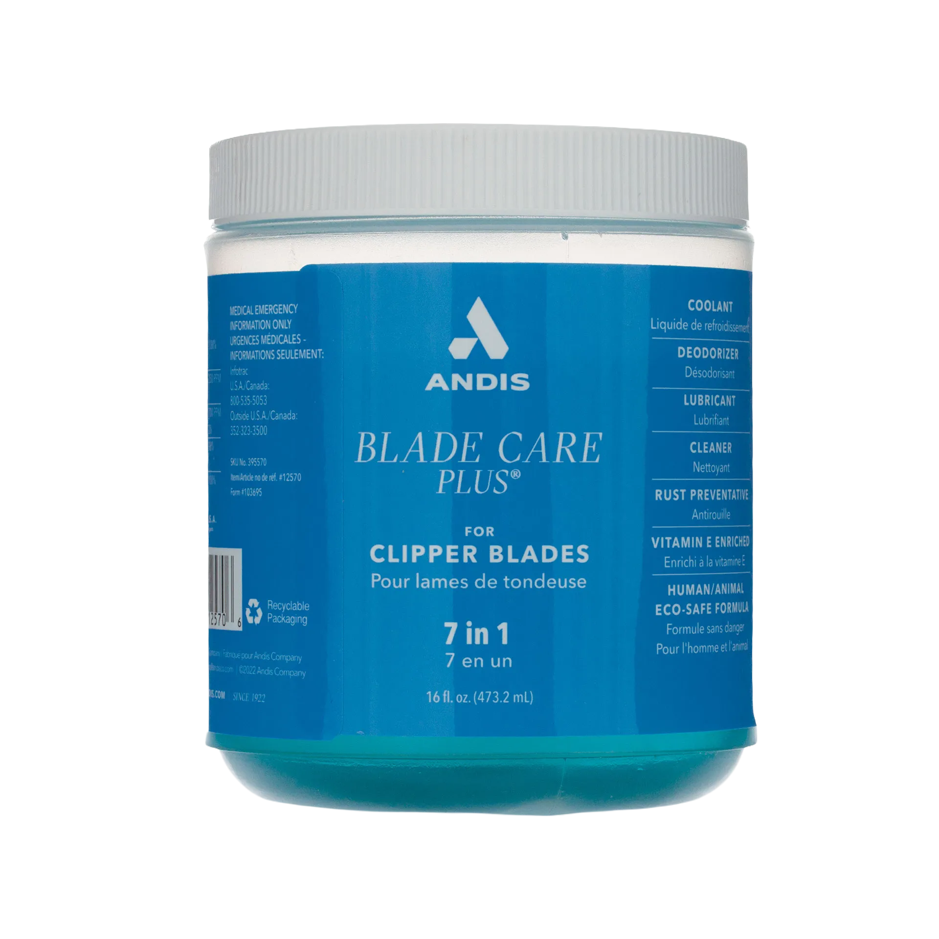 Andis® Blade Care Plus®,"Blue cylindrical jar with white screw-top lid"
