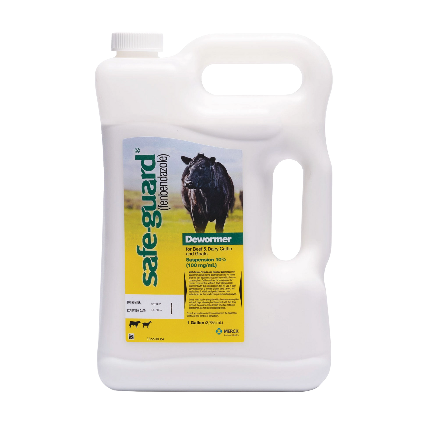 Safe-Guard® Dewormer for Goats Cattle,"White gallon jug with handle and screw cap, front label with cow image"
