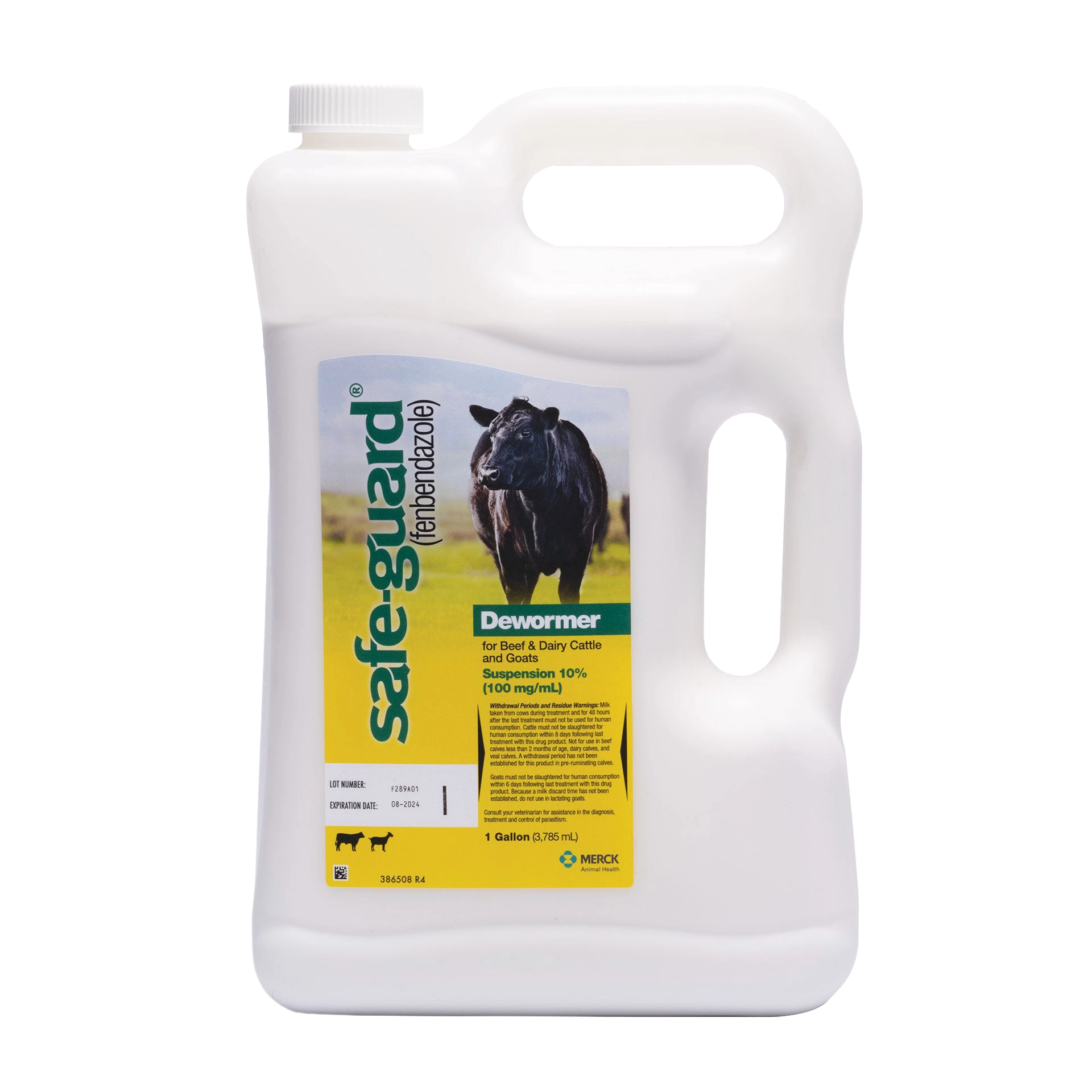 Safe-Guard® Dewormer for Goats Cattle,"White gallon jug with handle and screw cap, front label with cow image"