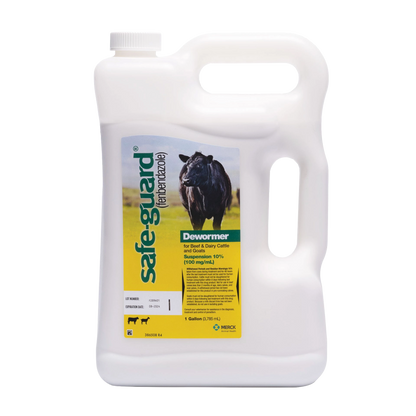 Safe-Guard® Dewormer for Goats Cattle,"White gallon jug with handle and screw cap, front label with cow image"