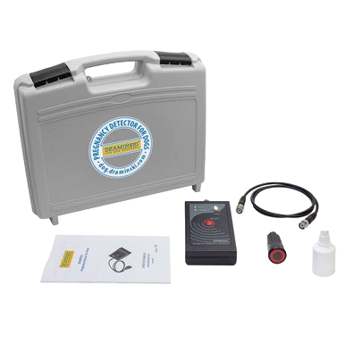 Draminski Dog Pregnancy Detector,"Gray hard case with handheld unit, probe, bottle, and manual"