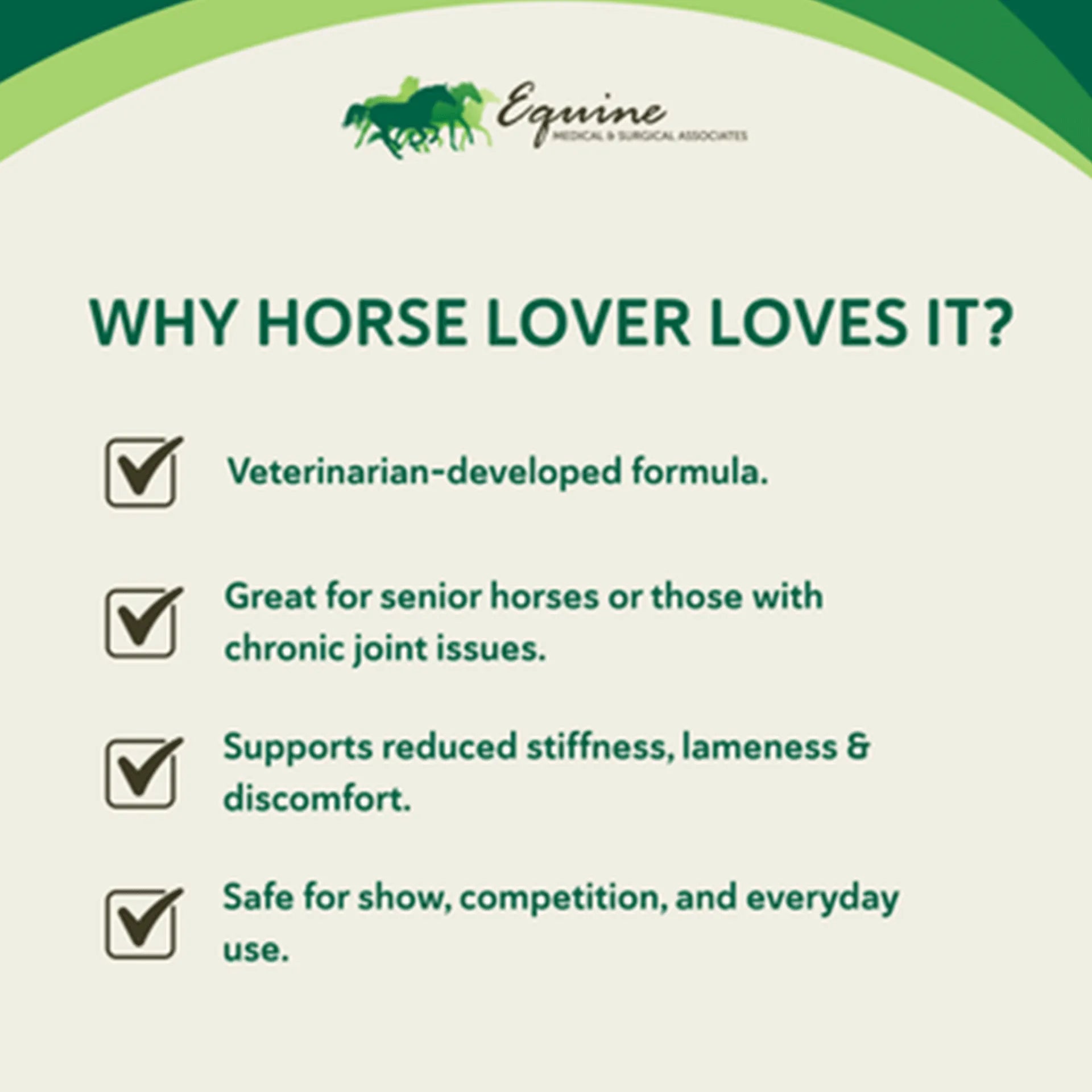 Comfort Quik™,"Horse joint support infographic with checklist icons"