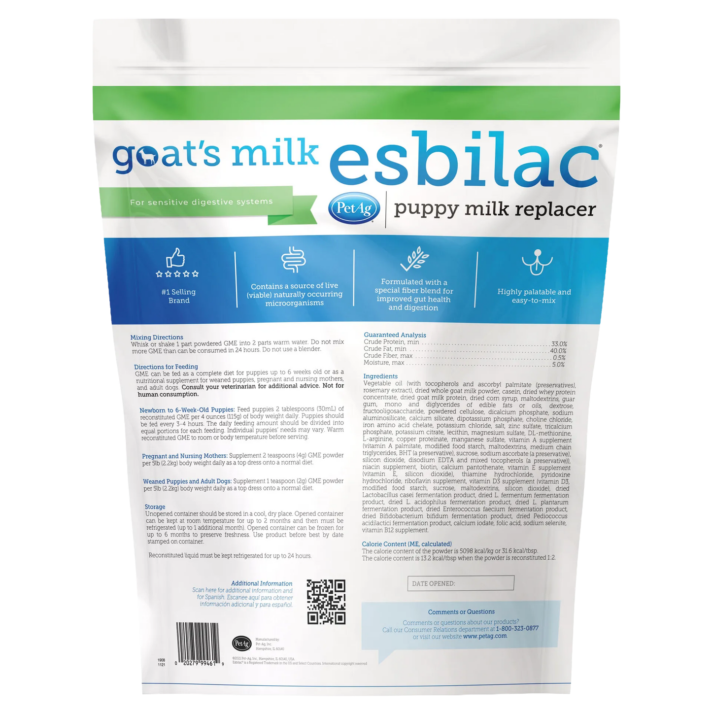 Goats Milk Esbilac® Puppies,"Back view of powdered puppy milk replacer pouch"