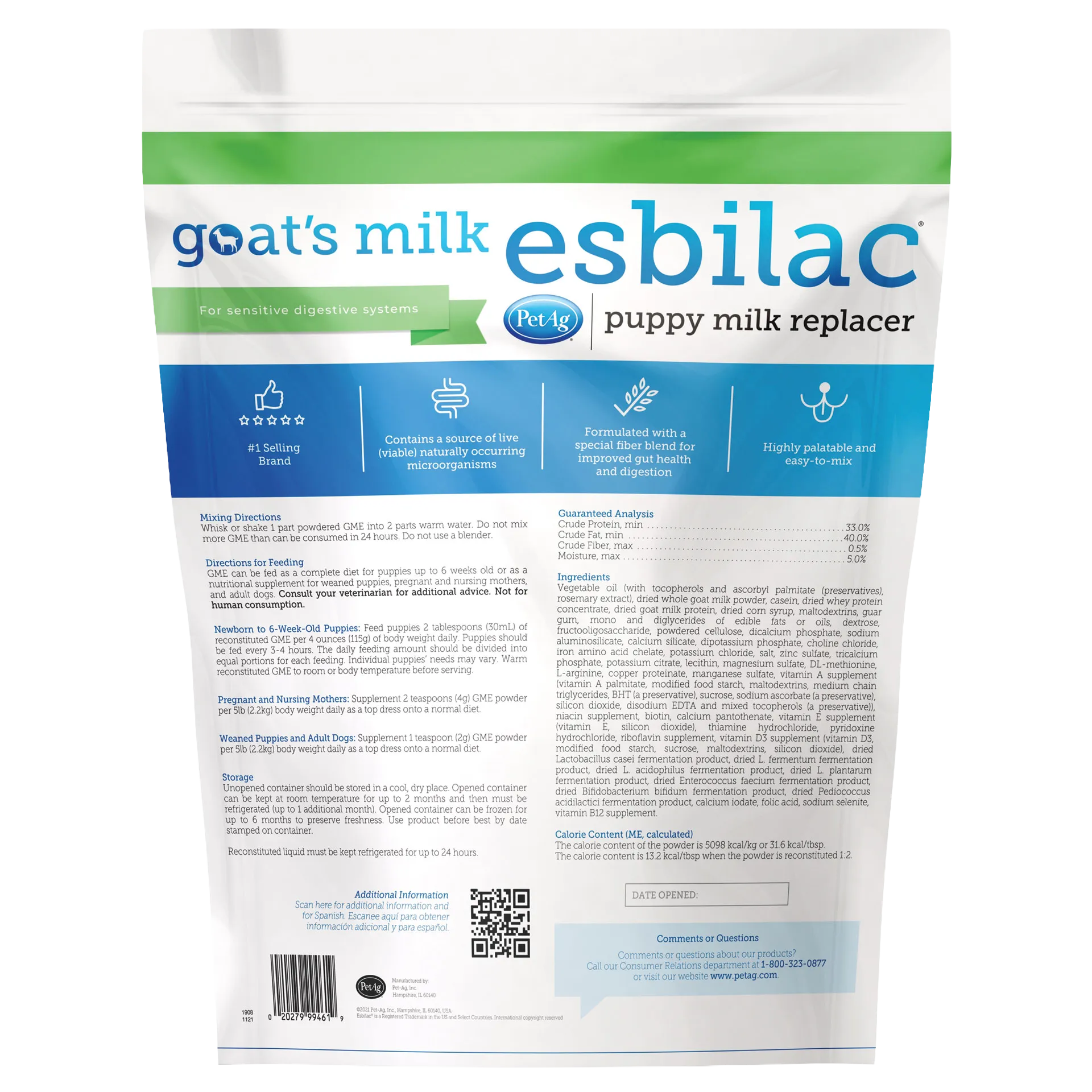 Goats Milk Esbilac® Puppies,"Back view of powdered puppy milk replacer pouch"