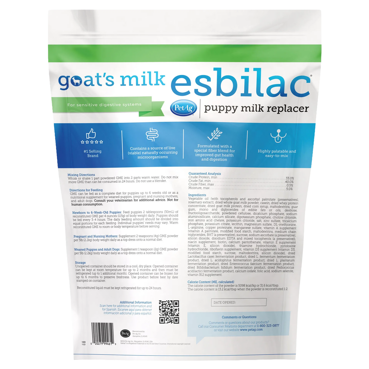 Goats Milk Esbilac® Puppies,"Back view of powdered puppy milk replacer pouch"