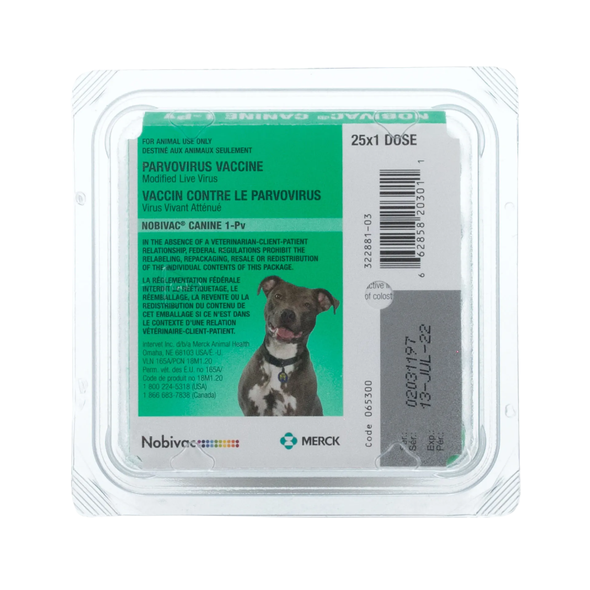 "Nobivac® Canine 1-Pv, 25x1d","Clear plastic blister pack with green label and dog image"