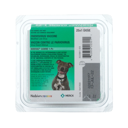 "Nobivac® Canine 1-Pv, 25x1d","Clear plastic blister pack with green label and dog image"