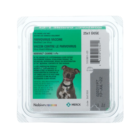 "Nobivac® Canine 1-Pv, 25x1d","Clear plastic blister pack with green label and dog image"