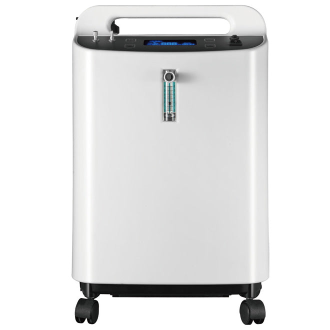 ICU 120 Bundle with 5L Veterinarian Oxygen Concentrator by Rcom USA,"White oxygen concentrator on wheels with top handle and front flow meter"