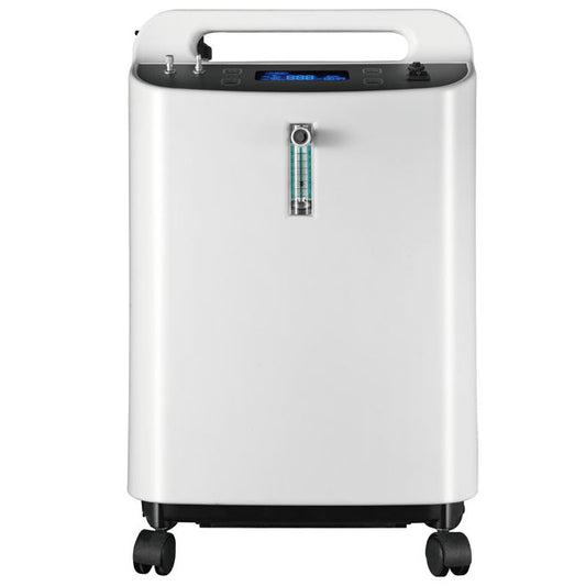 ICU 120 Bundle with 5L Veterinarian Oxygen Concentrator by Rcom USA,"White oxygen concentrator on wheels with top handle and front flow meter"