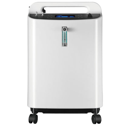 Pet Brooder 90 Bundle with 5L Veterinarian Oxygen Concentrator, Nebulizer, Water Reservoir, and Air Filters by Rcom USA,"White oxygen concentrator with top handle, front flow meter, and wheels"