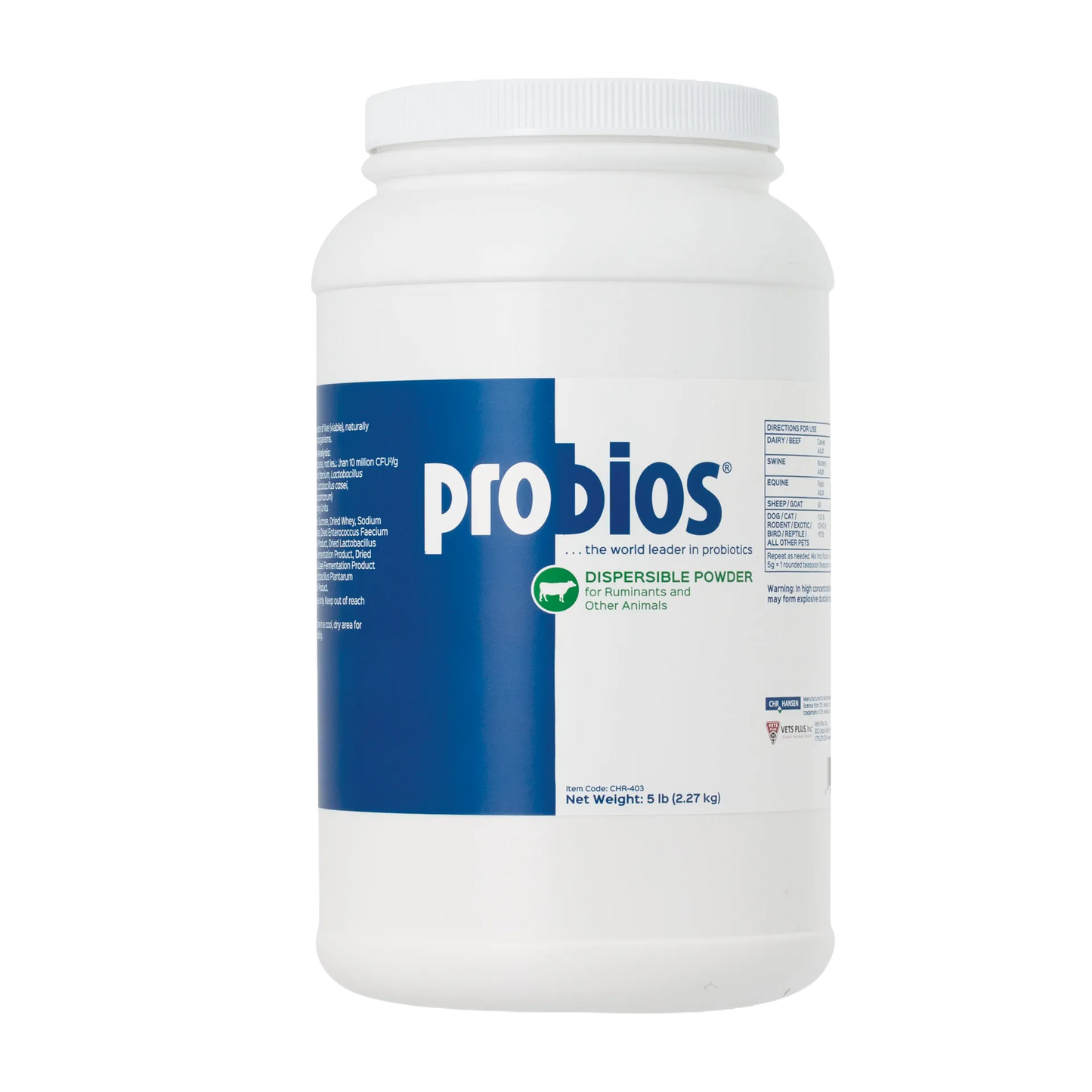 "Probios® for Dogs, Horses, and Other Animals","White plastic jar with screw-top lid and blue front label"