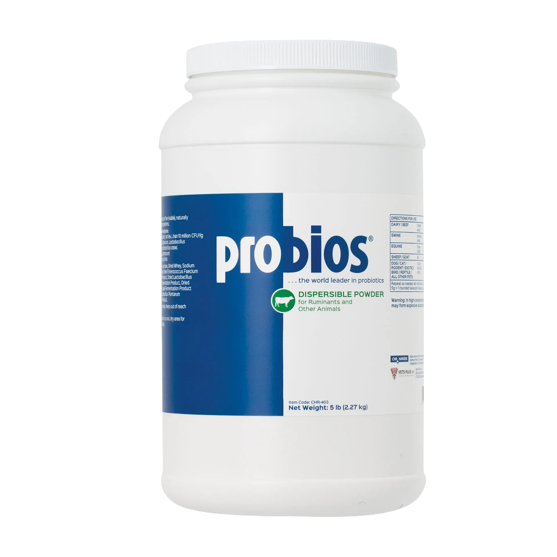 "Probios® for Dogs, Horses, and Other Animals","White plastic jar with screw-top lid and blue front label"