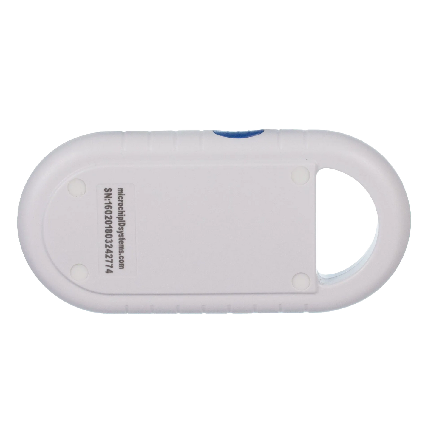 Pocket Hero™ ISO Microchip Scanner,"White handheld scanner back view with oval finger loop"
