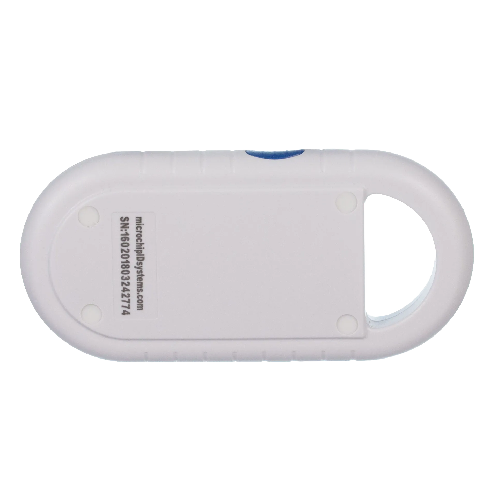Pocket Hero™ ISO Microchip Scanner,"White handheld scanner back view with oval finger loop"