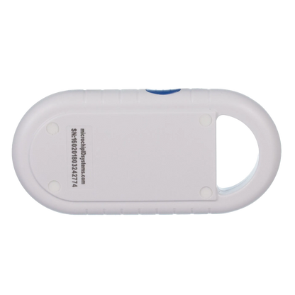Pocket Hero™ ISO Microchip Scanner,"White handheld scanner back view with oval finger loop"