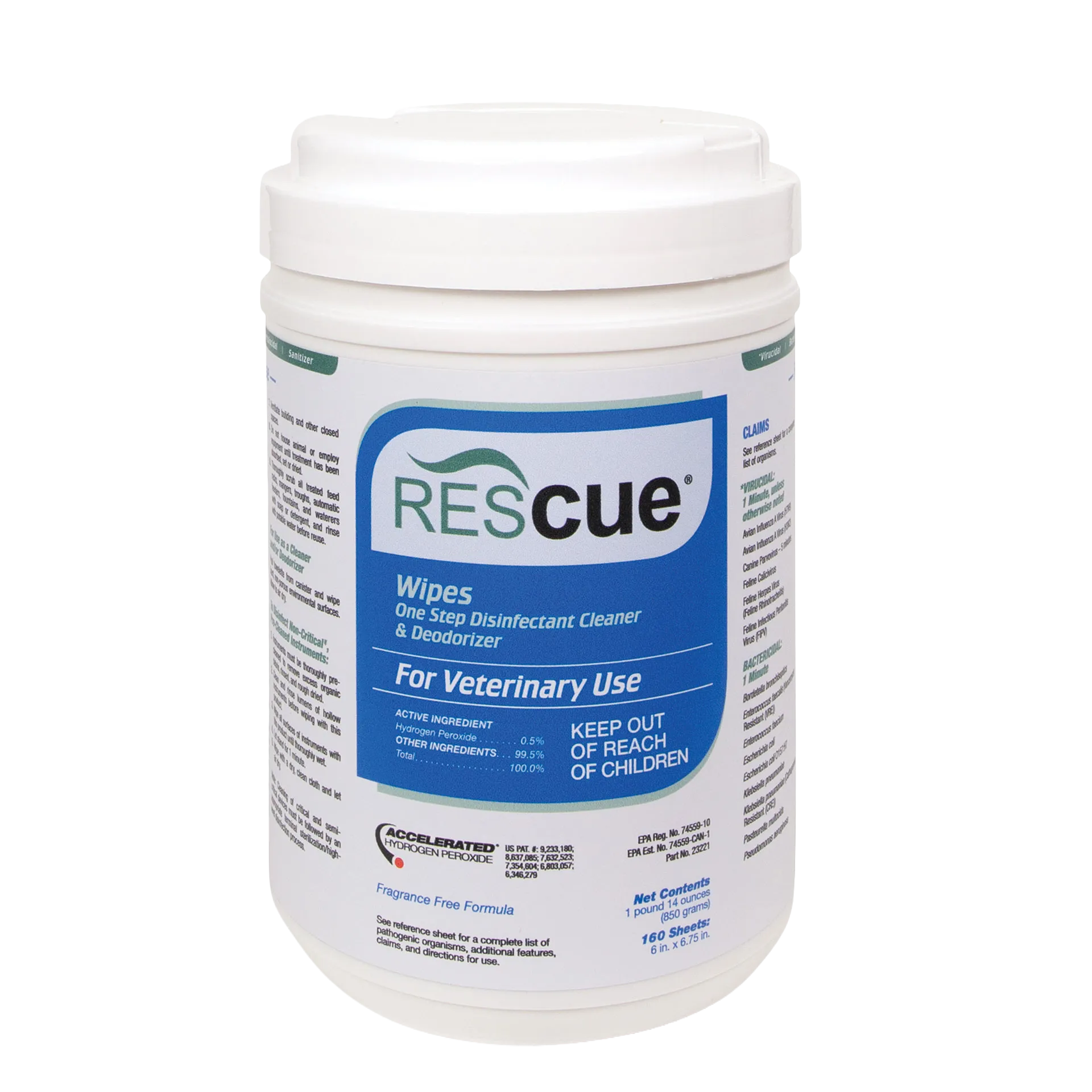Rescue®  Disinfectant Cleaner,"White canister of disinfectant wipes with flip-top lid"