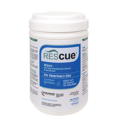 Rescue®  Disinfectant Cleaner,"White canister of disinfectant wipes with flip-top lid"