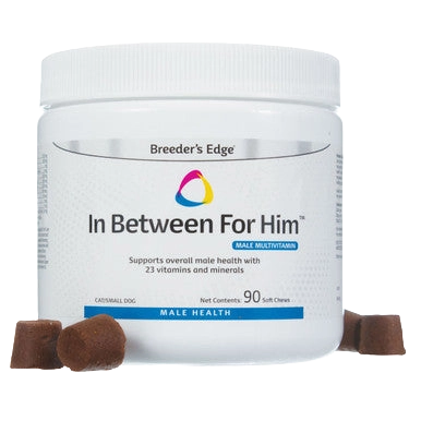 Breeder's Edge® In Between For Him™,"White supplement jar with brown soft chews in front"