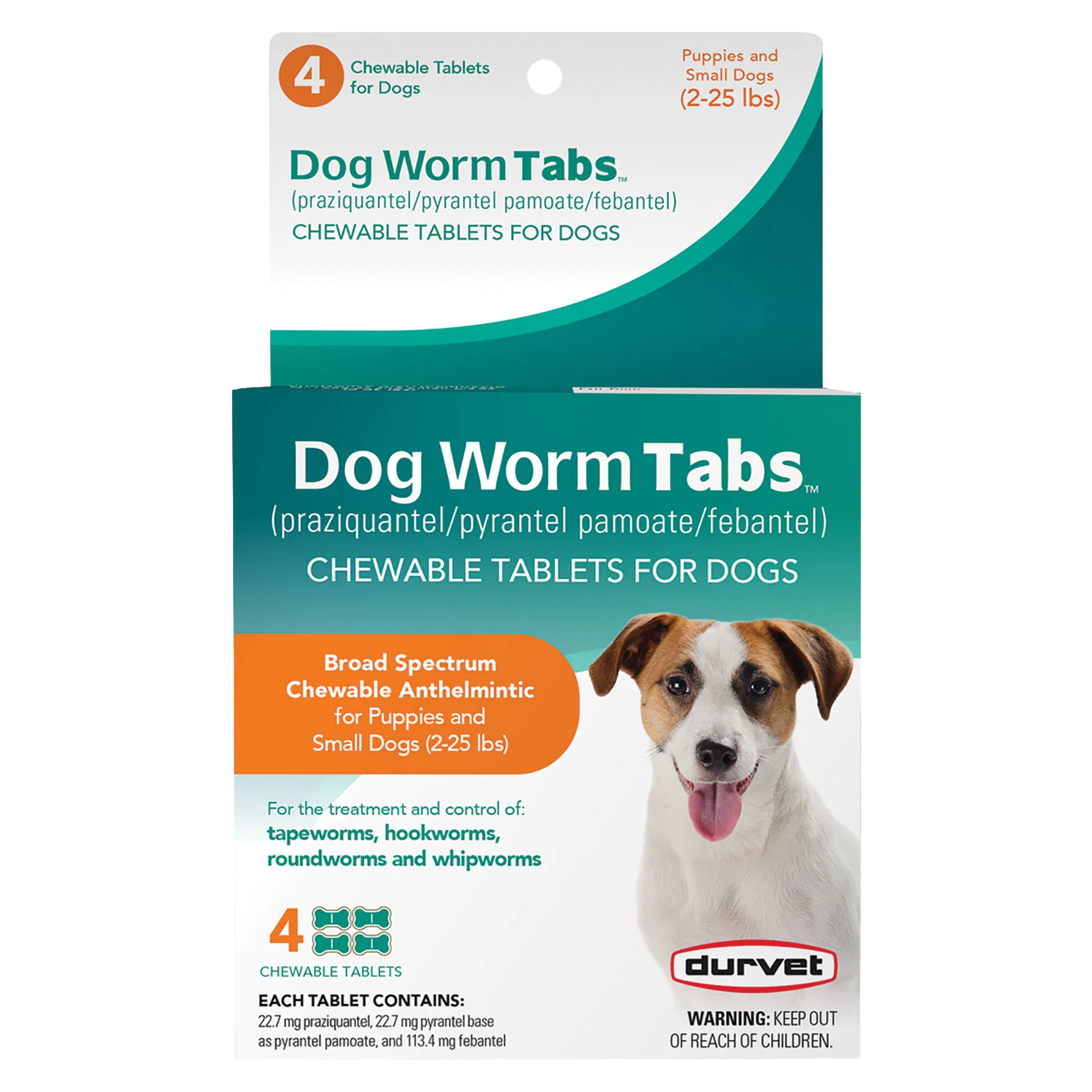 Dog Worm Tabs,"Front view of box with hanging tab and dog image"