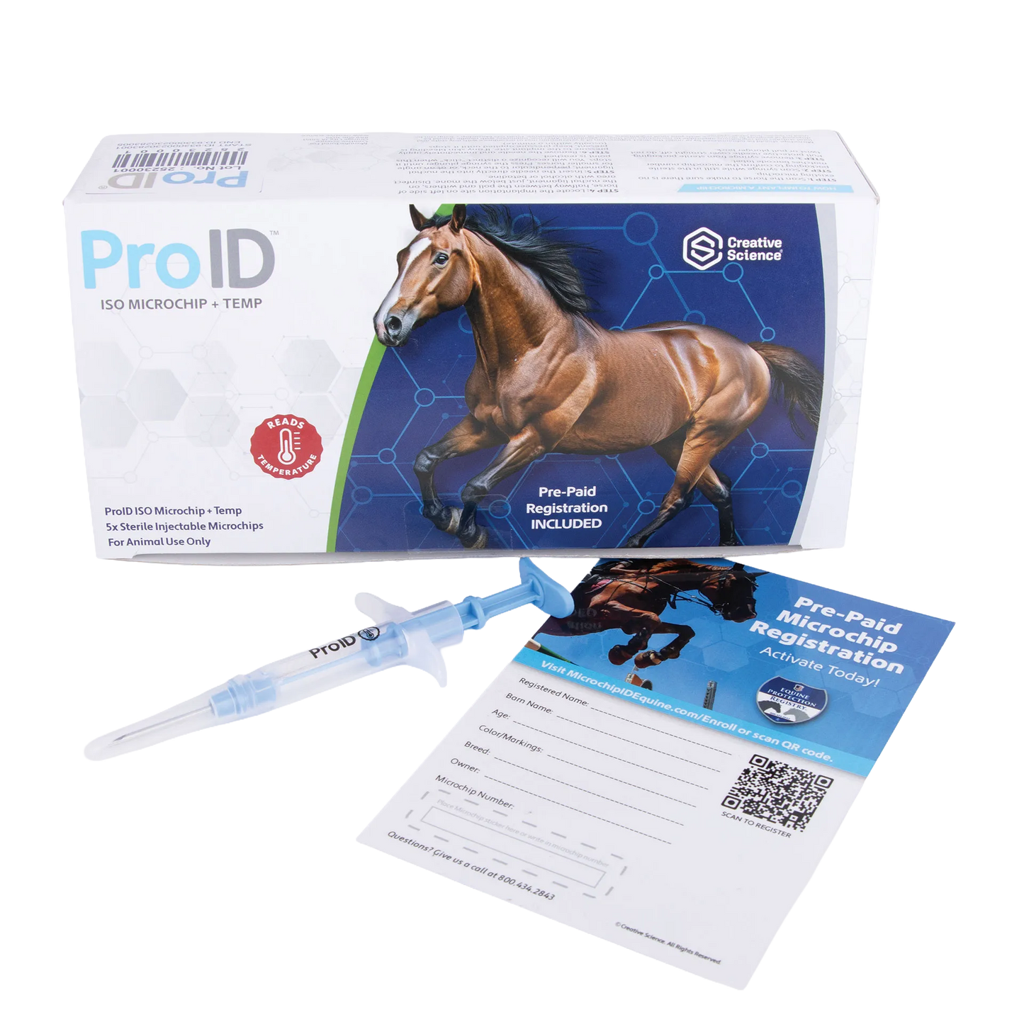ProID® ISO Microchip + Temp 5ct. Lifetime Registration,"Box with blue syringe and registration cards"