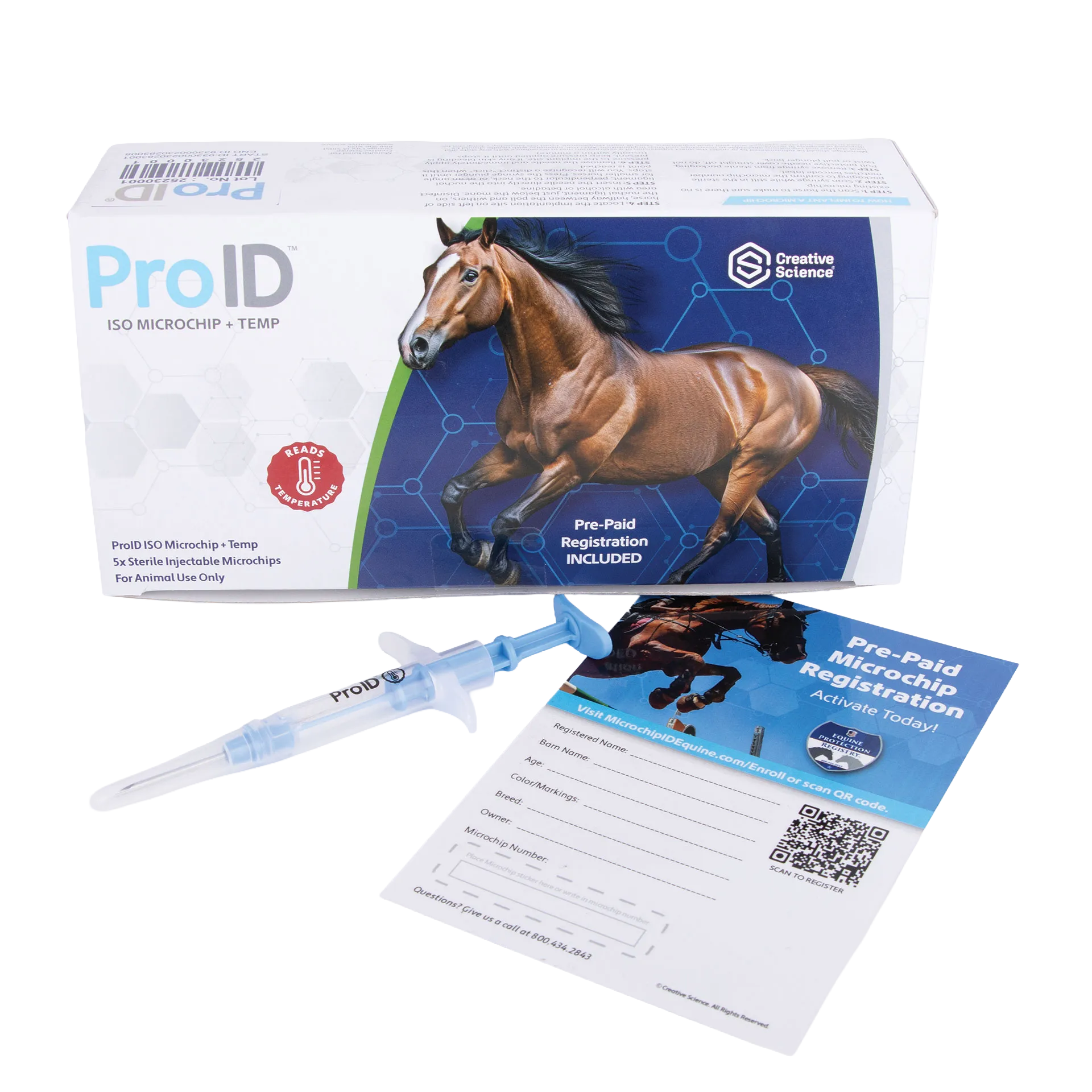 ProID® ISO Microchip + Temp 5ct. Lifetime Registration,"Box with blue syringe and registration cards"