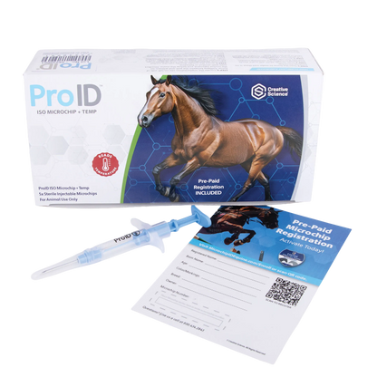 ProID® ISO Microchip + Temp 5ct. Lifetime Registration,"Box with blue syringe and registration cards"