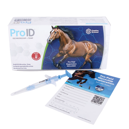 ProID® ISO Microchip + Temp 5ct. Lifetime Registration,"Box with blue syringe and registration cards"