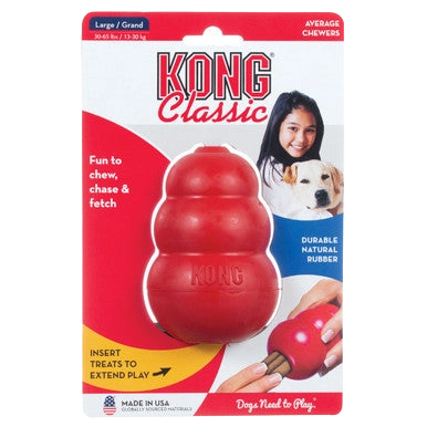 Kong® Classic,"Red rubber dog toy in retail packaging"