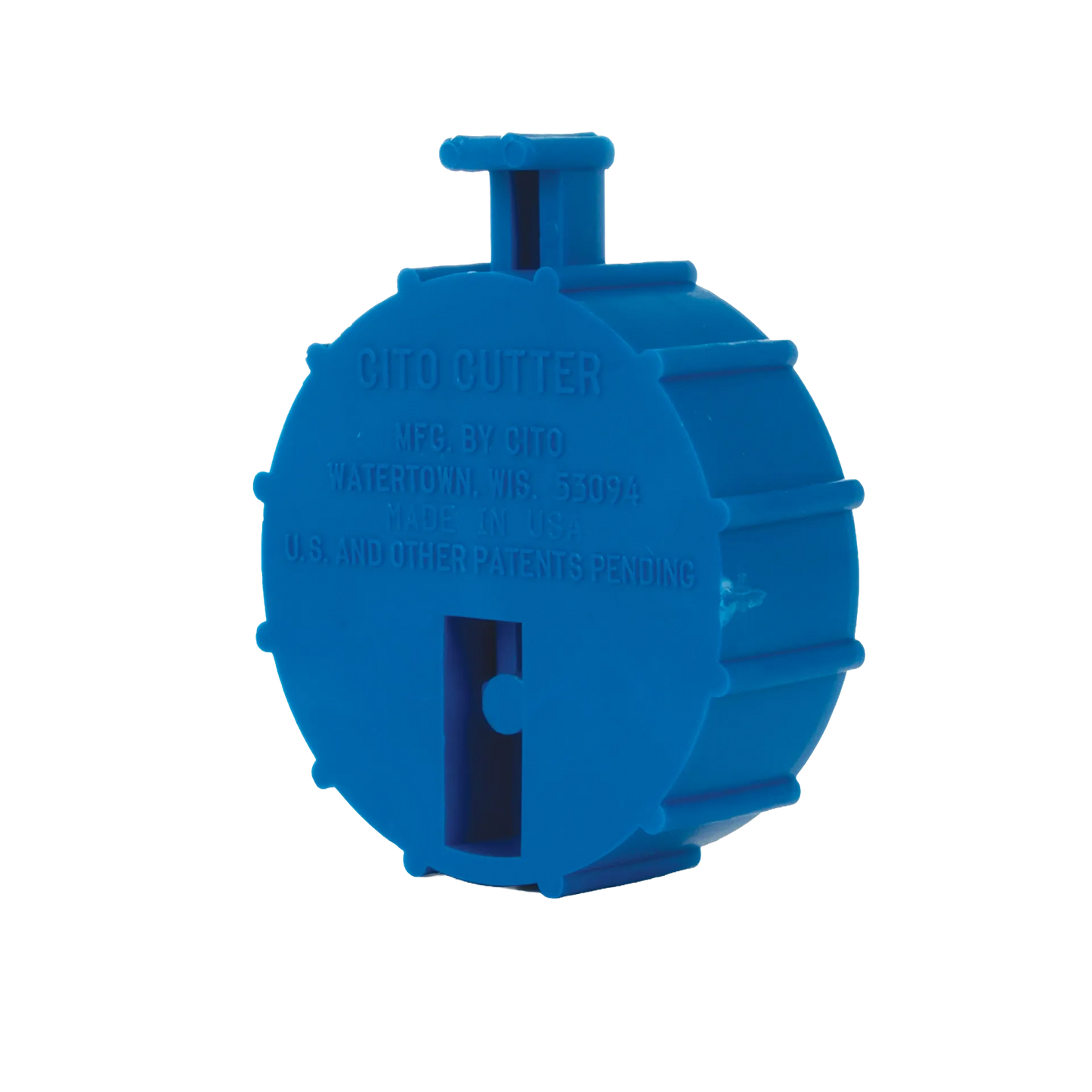Straw Cutter,"Blue round plastic cutter with side slot and top tab"