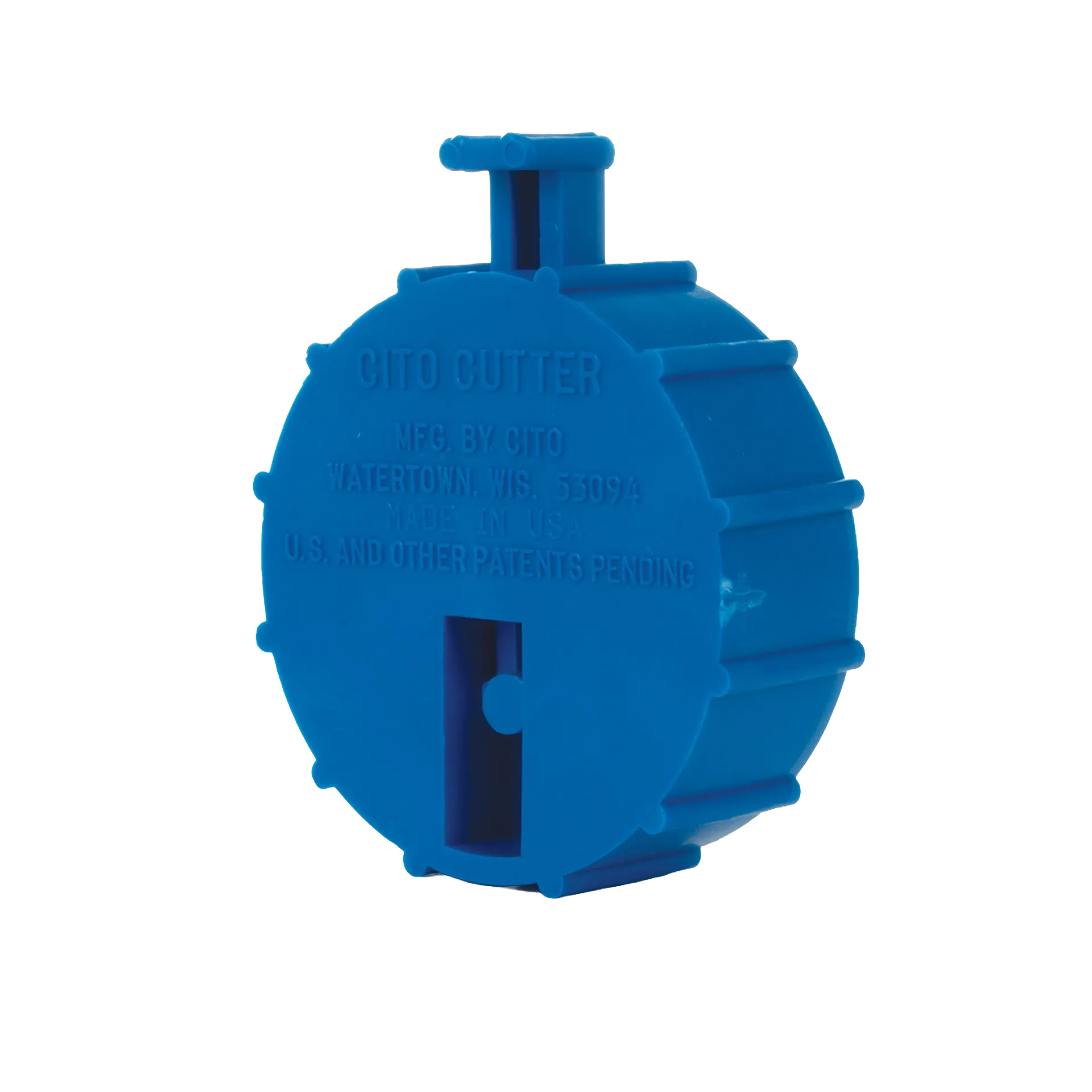 Straw Cutter,"Blue round plastic cutter with side slot and top tab"