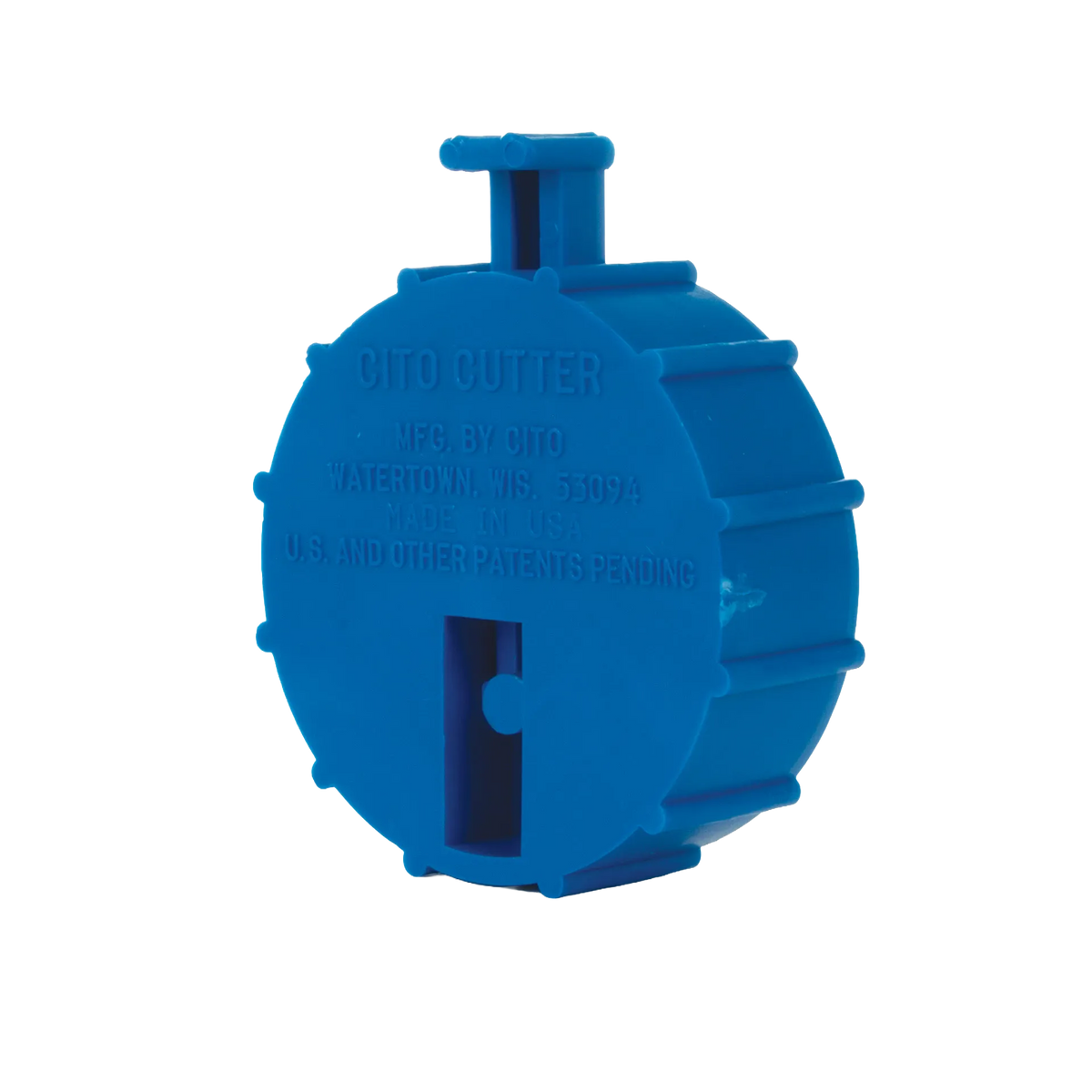 Straw Cutter,"Blue round plastic cutter with side slot and top tab"