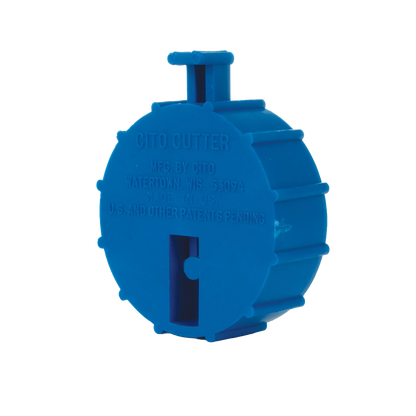 Straw Cutter,"Blue round plastic cutter with side slot and top tab"