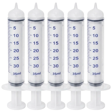 Puppywamer Latchons Syringe Nipple Feeders,"Five clear feeding syringes with measurement markings"