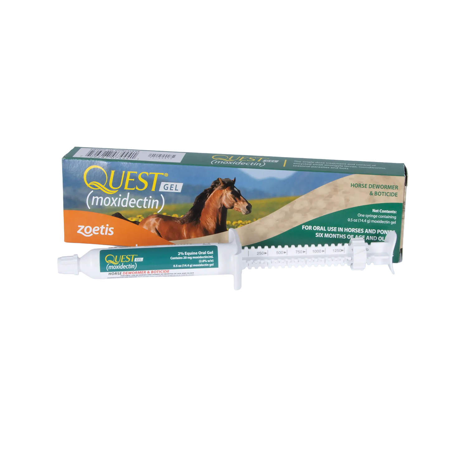 Quest® Gel Horse Dewormer,"Oral gel syringe with dose ring beside product box"