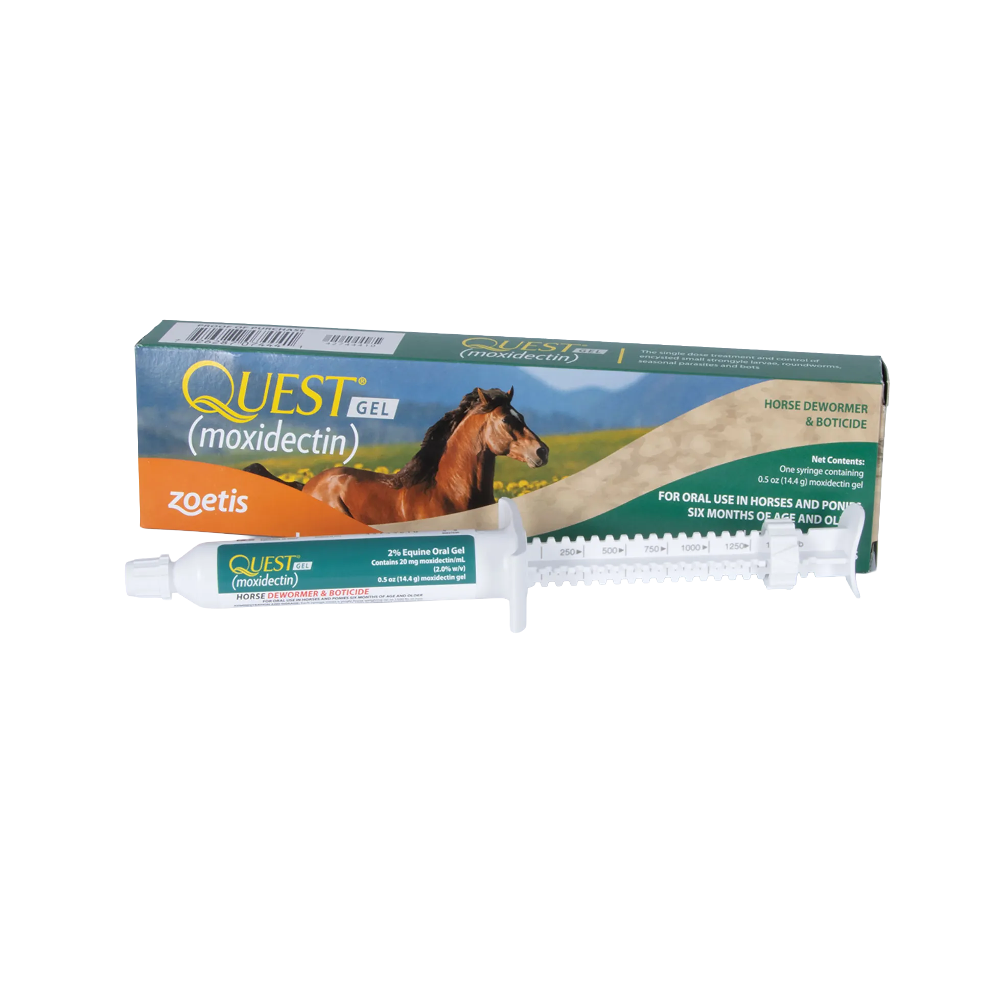 Quest® Gel Horse Dewormer,"Oral gel syringe with dose ring beside product box"