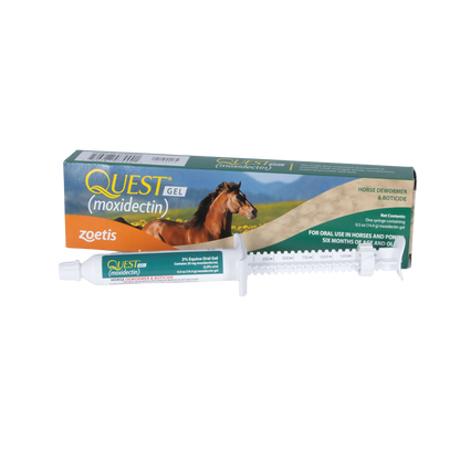 Quest® Gel Horse Dewormer,"Oral gel syringe with dose ring beside product box"