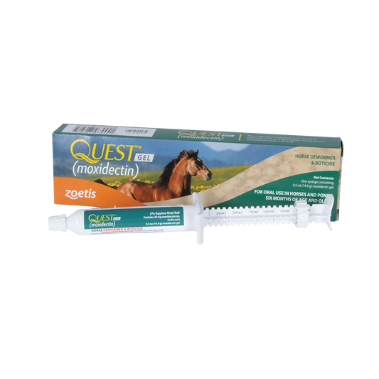 Quest® Gel Horse Dewormer,"Oral gel syringe with dose ring beside product box"