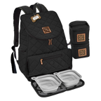 Weekender Backpack,"Black quilted backpack with two food containers and removable pouch"