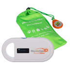 Pocket Hero™ ISO Microchip Scanner,"White handheld scanner with green drawstring pouch and orange tag"