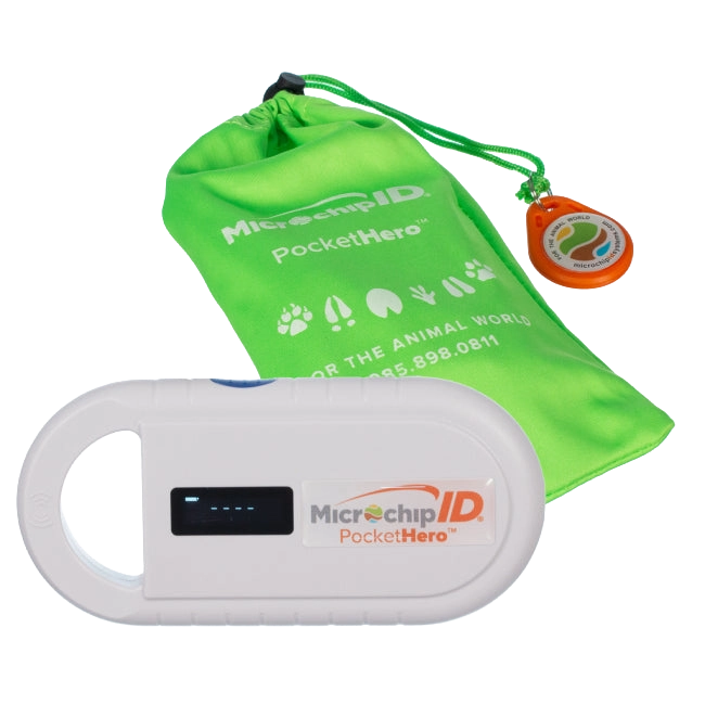 Pocket Hero™ ISO Microchip Scanner,"White handheld scanner with green drawstring pouch and orange tag"