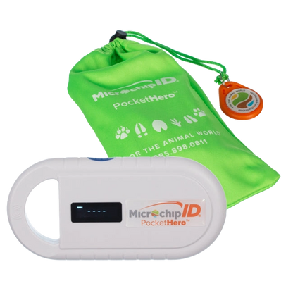Pocket Hero™ ISO Microchip Scanner,"White handheld scanner with green drawstring pouch and orange tag"