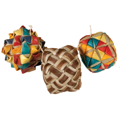 Woven Square Foot Toy,"Three woven toy balls with colorful and natural patterns"