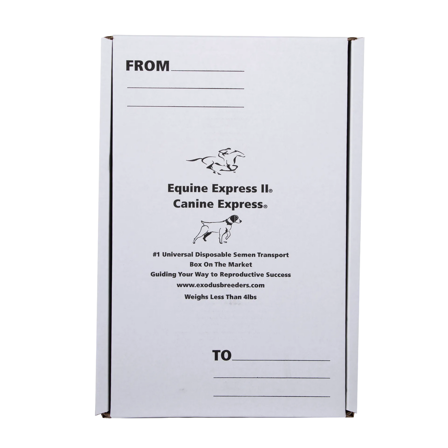 Universal Equine & Canine Express Outer Corrugated Carton,"White corrugated shipping carton with front address lines"