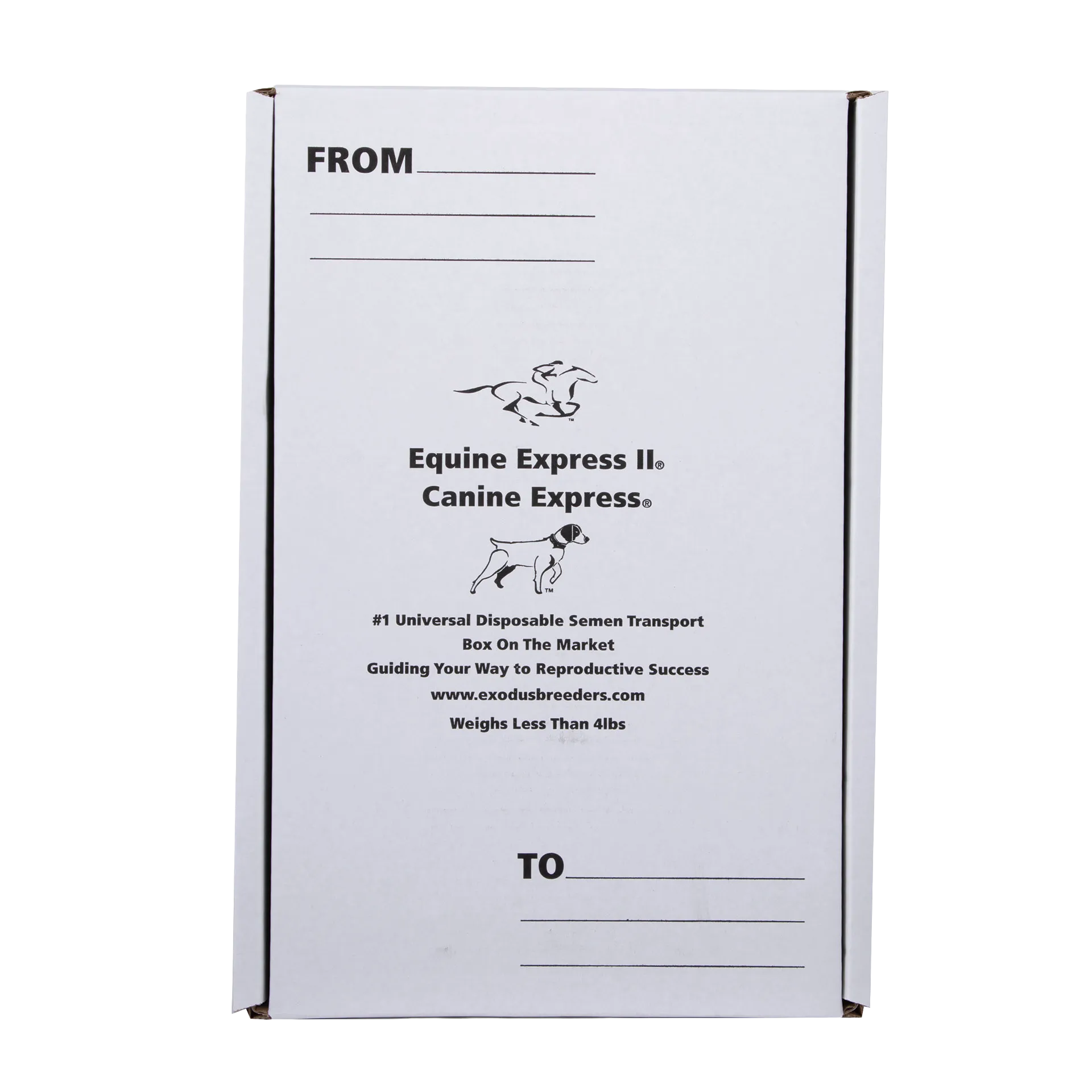 Universal Equine & Canine Express Outer Corrugated Carton,"White corrugated shipping carton with front address lines"