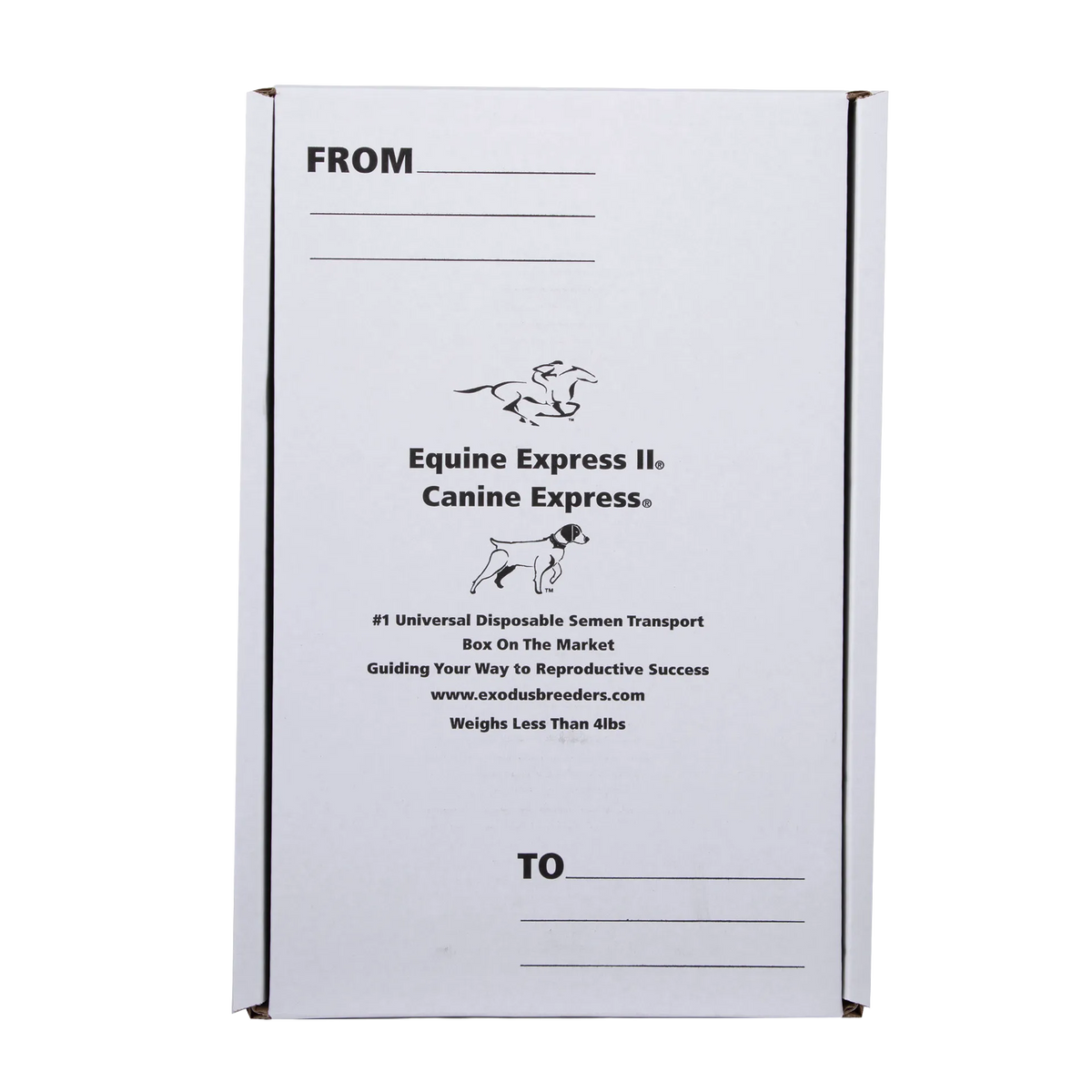 Universal Equine & Canine Express Outer Corrugated Carton,"White corrugated shipping carton with front address lines"