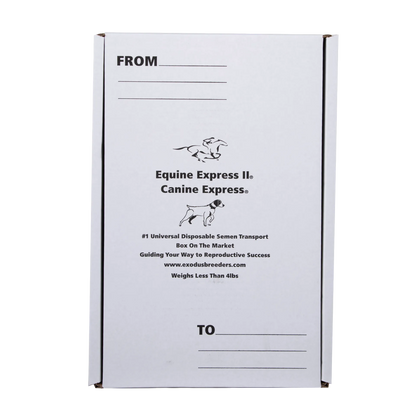 Universal Equine & Canine Express Outer Corrugated Carton,"White corrugated shipping carton with front address lines"