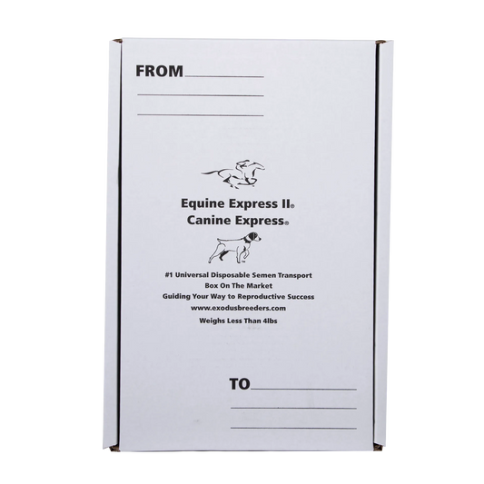Universal Equine & Canine Express Outer Corrugated Carton,"White corrugated shipping carton with front address lines"